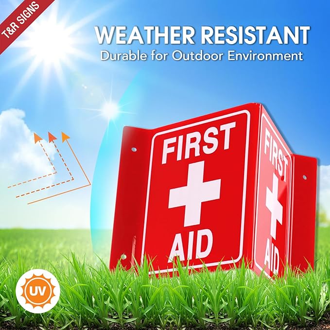 T&R First Aid Sign, First Aid with Cross Symbol - 4 Pack - 8 x 6 Inches Acrylic, 4 pre-drilled holes, Includes Matching Screws, Use for Office/Business