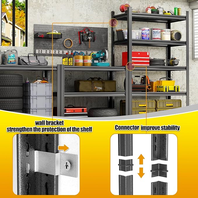 Storage Shelves, Garage Metal Shelving Unit, Adjustable, Double-Layer Column with Reinforced Ribs, Heavy-Duty, Capable of Bearing 600-3600 lbs (Black, 71 * 45 * 18, 5-Tier)