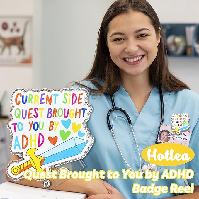 Current Side Quest Brought to You by ADHD Badge Reel with Alligator Clip Funny ID Badge Holders Cute RN LPN CNA MA Pediatric Badge Buddy Healthcare Medical Students Nurse Accessories for Work