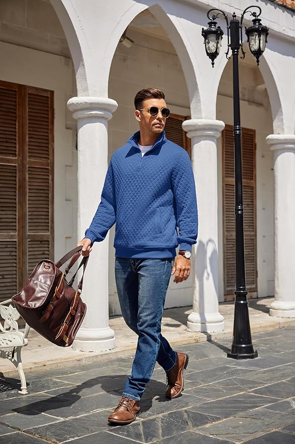 COOFANDY Mens Quarter Zip Pullover Quilted Sweatshirt Knit Long Sleeve Mock Neck Sweater Polo with Pocket