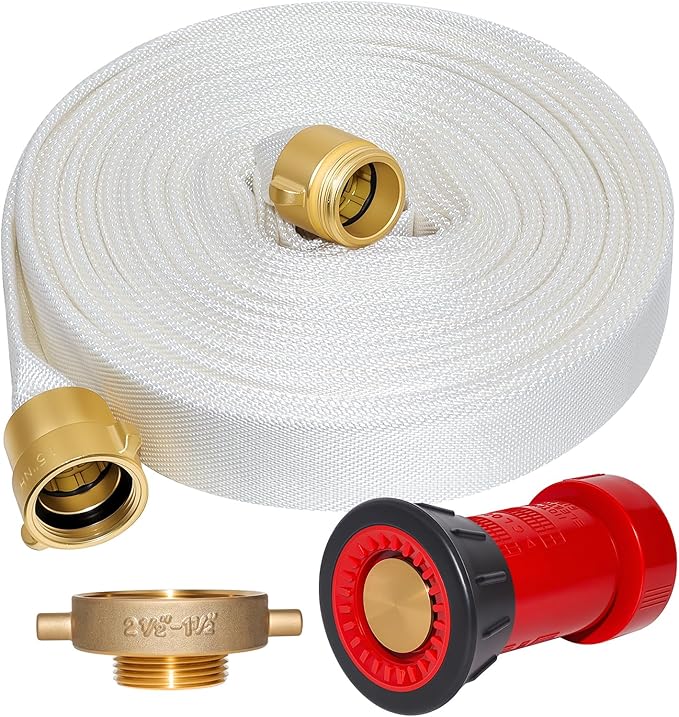 Upgraded Fire Hose 100 FT x 1-1/2" ID, M × F NST/NH Brass Couplings, Fire Hydrant Adapter, Fire Hose Nozzle, Working Pressure 430 PSI, Burst Pressure 1300 PSI, Home, Garden Irrigation