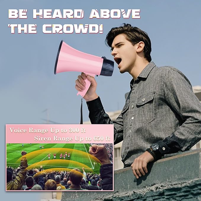 MyMealivos Portable Megaphone Bullhorn 20 Watt Power Megaphone Speaker Voice and Siren/Alarm Modes with Volume Control and Strap (Pink)