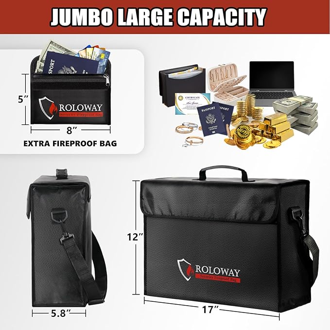 ROLOWAY Large Fireproof Bag 5200℉ Heat Insulated (17 x 12 x 5.8 inches), Fireproof Document Bag for Cash Safe and Document Safe