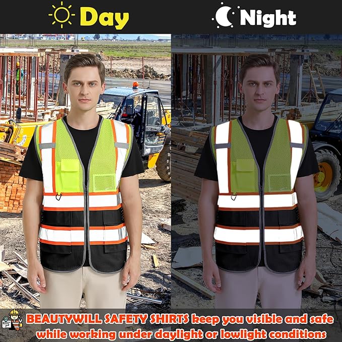 BeautyWill 10 Pack Custom Logo Safety Vest ANSI Class 2 High Visibility Reflective Vest Personalized Construction Vest Bulk