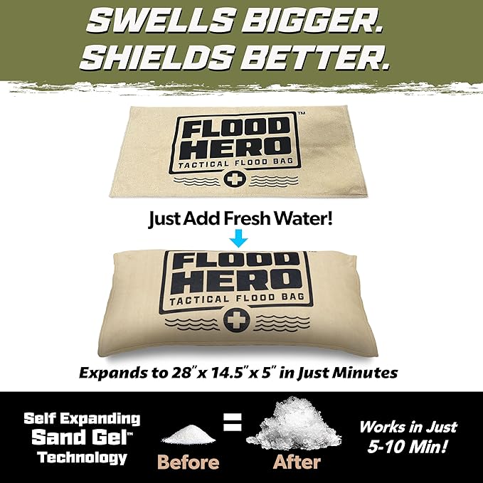 Flood Hero 2 x 1 ft Water Activated Sandbags - 6 Pack Flood Bag Barriers