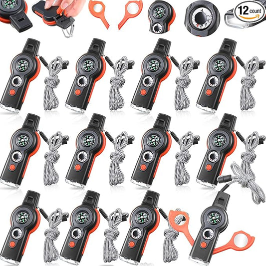12 Pack Emergency Survival Whistle 7-in-1 Compass Hiking Survival Safety Whistle with Lanyard Outdoor Multifunctional Tool Ideal for Hiking Camping Rescue Signaling