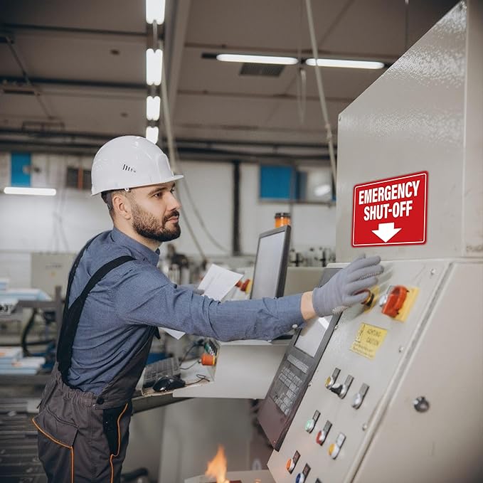 Emergency Shut-Off Sign Sticker with Down Arrow, Waterproof Durable Emergency Stop Stickers, Shut Off Valve Sign for Powered Machinery and Equipment