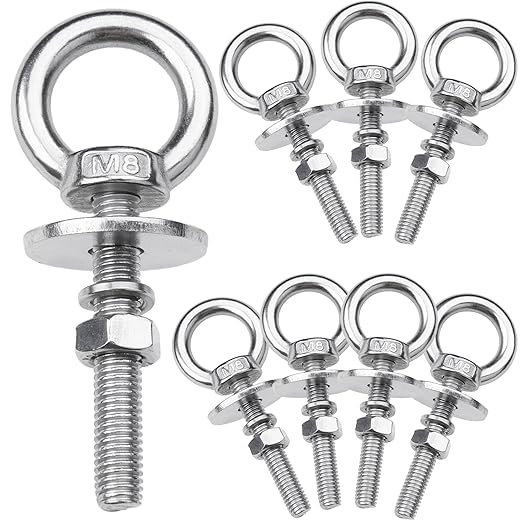 8 Pack M8 Stainless Steel Eye Bolts with Nuts, 5/16" x 2" Long Lifting Ring Eye Bolt， Eye Bolts Heavy Duty for Hang Tie Down Outdoor (8, M8x51mm (5/16"x2"))