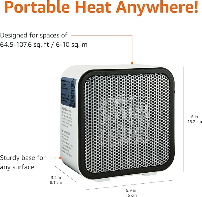 Amazon Basics Portable Mini Ceramic Space Heater, for Office Desk and Indoor Use, 500 W, With Tip-Over Protection, Lightweight (1.4 LBS), White, 5.9 x 3.2 x 6 inches