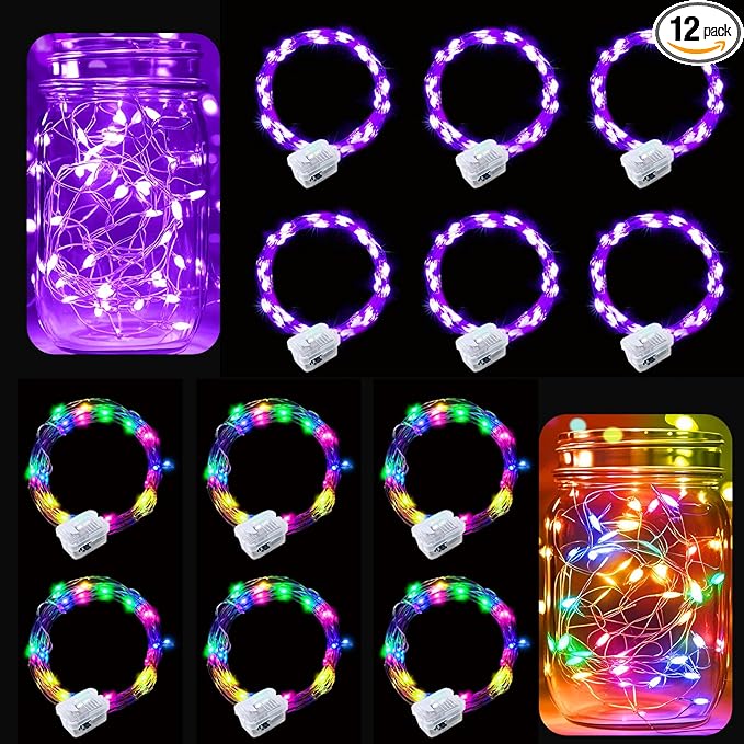 pozzolanas 12 Pack 7ft Waterproof LED Fairy Lights - Battery Operated String Lights with 20 LEDs for Home, Mason Jar, Party, Wedding, Halloween, Christmas Decorations (6 Multicolor & 6 Purple)