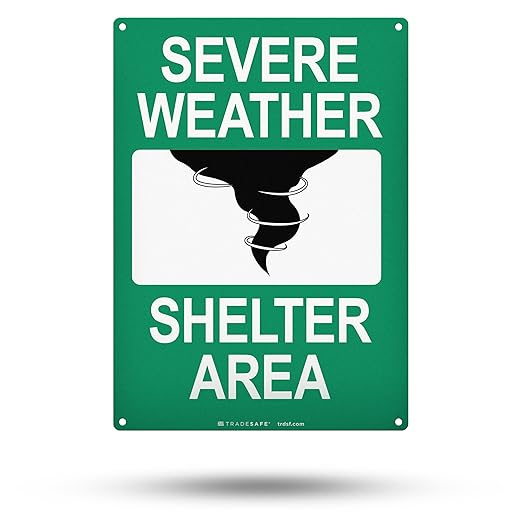 TRADESAFE Severe Weather Shelter Area Sign - Storm Shelter Sign, Quick Install, Light Reflective, UV-Resistant, Waterproof, 10” X 14” Aluminum Safety Signs for Business