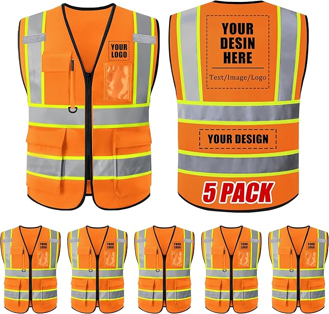 Custom Safety Vest with Logo, High Visibility Reflective Personalized Vest with Pockets and Zipper for Men Women Work
