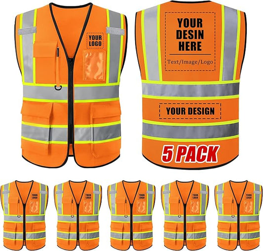 Custom Safety Vest with Logo, High Visibility Reflective Personalized Vest with Pockets and Zipper for Men Women Work