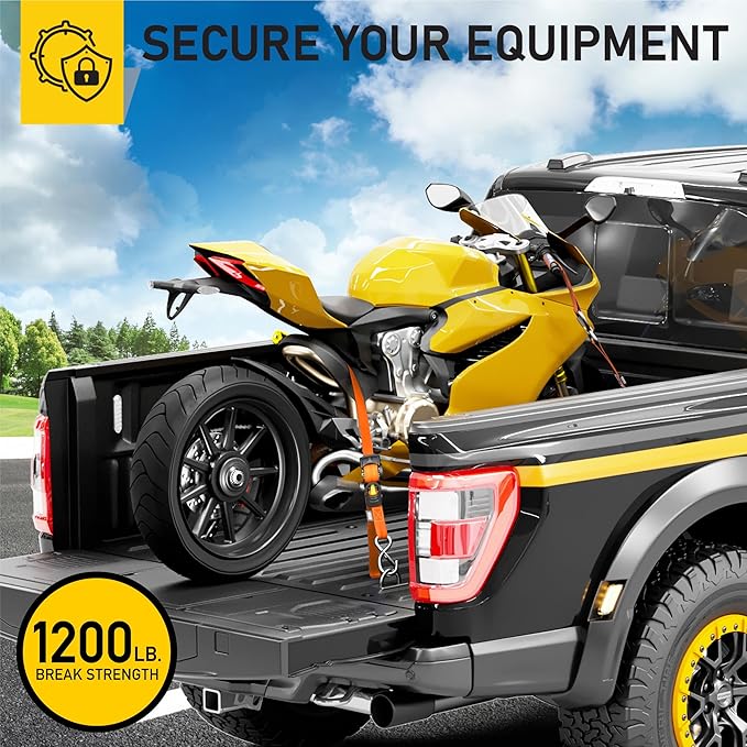 AUGO Retractable Ratchet Straps | 4 Heavy Duty Self Retractable Tie Down Straps with Soft Loops & Storage Bag for Motorcycle, Truck, Trailer, Cargo Van | 1200 Lb Break Strength 1' x 10'