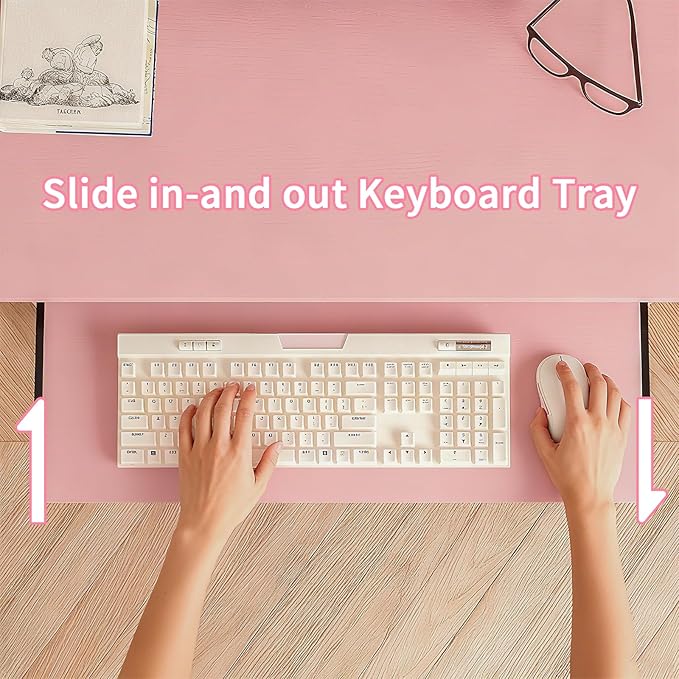 ALISENED 30" Small Computer Desk with Keyboard Tray Monitor Stand, Study Writing Desk with Storage Shelves, Modern Workstation for Small Spaces, Save Space, Pink