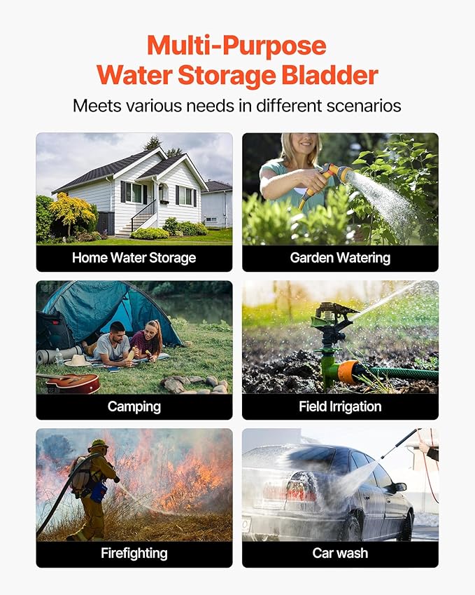 VEVOR Water Storage Bladder, 400L/105.7Gallon Water Storage Container Tank, 1000D PVC Large Capacity Soft Bag Bladder, Foldable Portable for Garden Irrigation, Camping, RV, Fire Prevention - Blue
