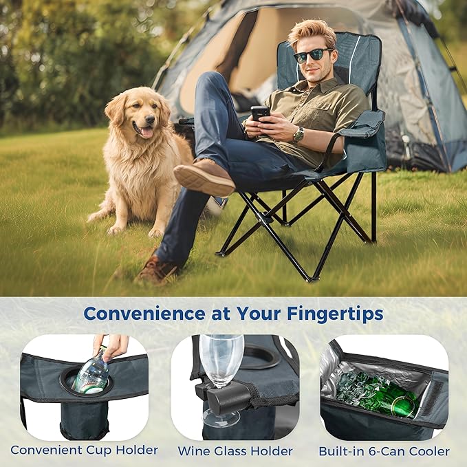 Oversized Padded Camping Chair, Heavy-Duty Steel Frame for 450 lbs Supports, Convenient 6-Can Cooler, Portable Carry Bag, Perfect for Outdoor, Beach, and Hiking (Gray & Black)