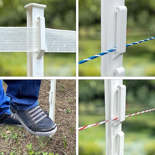50 Pack Electric Fence Posts, 48 Inch Plastic Step in Fence Post, Temporary Fence Posts for Farm Protection and Livestock, White