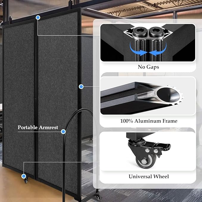 Folding Room Partition,Privacy Room Screen with Arms,Office Dividers Partition Wall,18'5"L* 6'7"H,Dark Grey