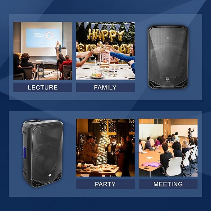 LOTAWAY Portable PA System with Stands 1200W Powered PA Speaker System Set 15" Active+Passive Wireless PA Speakers Pair with Bluetooth for Small Events, DJs, Karaoke (PM-15)