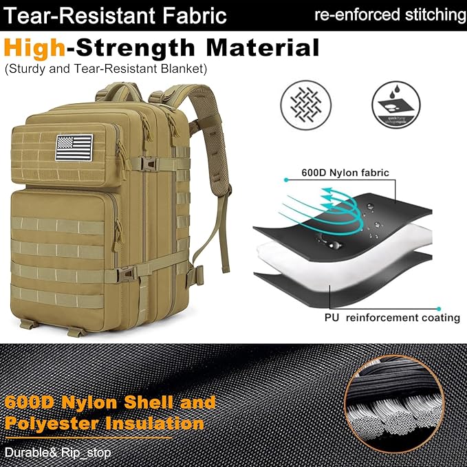 Tactical Backpack 45L Army Military Rucksack, Water Resistant MOLLE Pack, Large 3 Day Bug Out Bag for Men & Women, Durable Outdoor Gear for Hiking, Camping, Hunting, Travel (Khaki)
