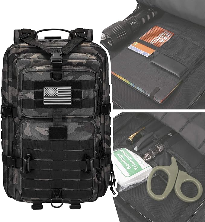 MOLLE Assault Pack, Tactical Backpack Military Army Camping Rucksack, 3-Day Pack Trip w/USA Flag Patch, D-Rings, Black Camo
