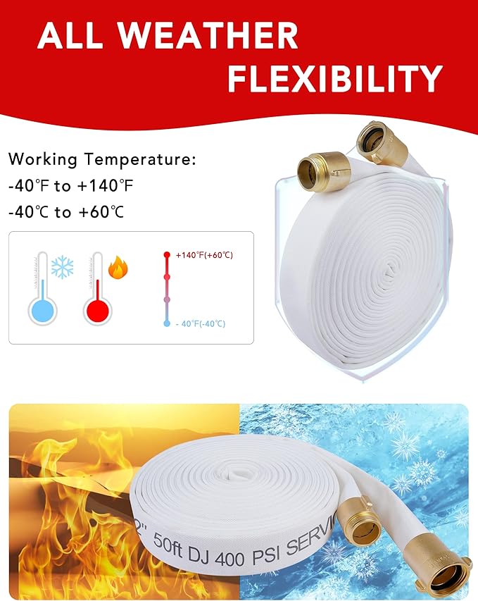 ZYfire Fire Hose - 1-1/2" ID x 50 FT Double Jacket TPU Firefighter Hose with M x F NPSH Brass Couplings 1200 PSI Burst Pressure Lightweight for Firefighting & Residential Use