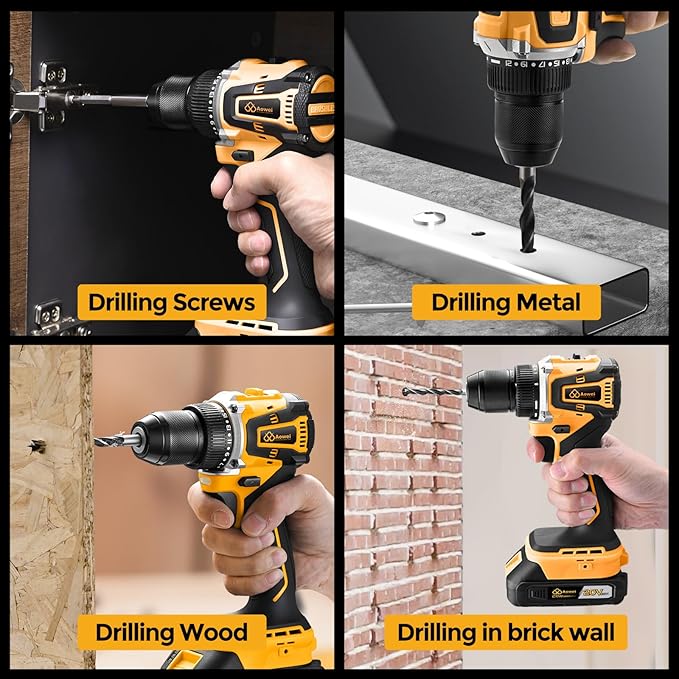 20V Brushless Cordless Lithium-Ion Drill Set, Compact Design, Yellow Rechargeable Lithium-Ion Drill Kit, including 2.0Ah Battery, Charger and 3/8-inch Keyless Chuck