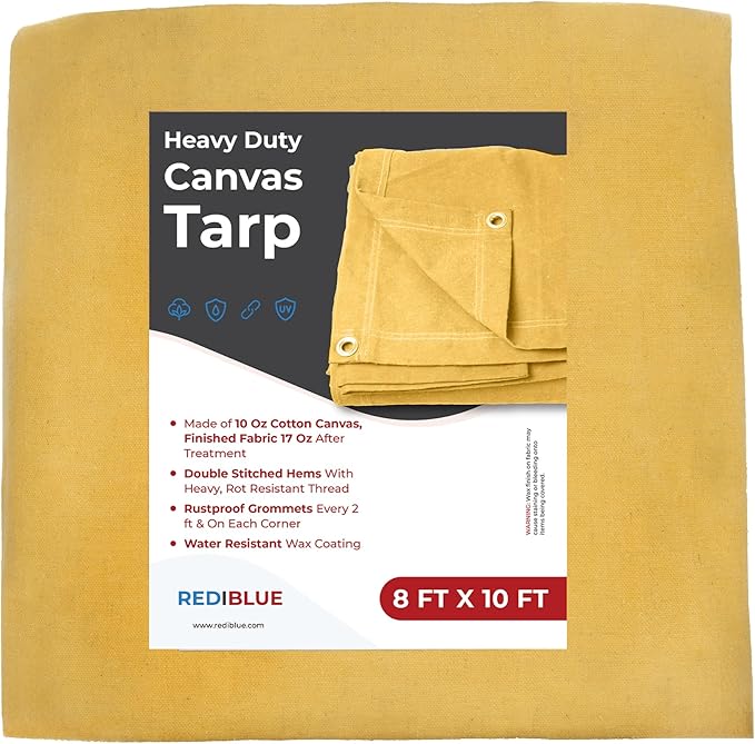REDIBLUE 8 x 10 ft Heavy Duty Canvas Tarp, Multi Purpose Use for Camping, Tent Canopy, Outdoor, Rustproof Grommets, Durable, Water Resistant, Cotton 17oz - Gold