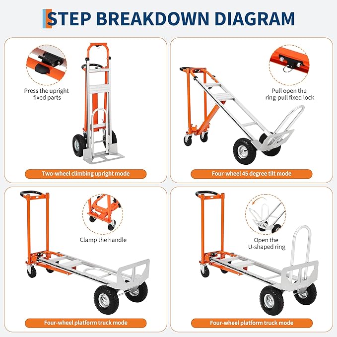 3 in 1 Convertible Hand Truck Dolly, 770 LBS Load Capacity Folding Cart with Wheels, Elastic Straps, Aluminum Collapsible Dolly Cart for Home, Warehouse, Supermarket, Office