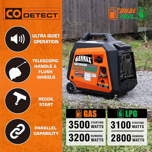 GENMAX Portable Generator, 3500W Super Quiet Gas or Propane Powered Engine with Parallel Capability, Manual start，Ideal for Camping Travel Outdoor.EPA Compliant