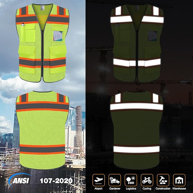 TCCFCCT Reflective Vest 5 Pockets Mesh Safety Vest with Reinforced Zipper, High Visibility Surveyor Work Vest for Men Women with Fluorescent Orange Edge, Durable to Use, Meets ANSI/ISEA,DW-Yellow, 4XL