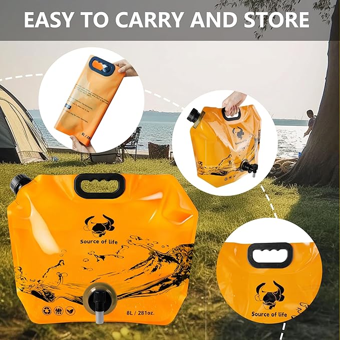 Collapsible 8L Water Storage Bag, BPA-Free Portable Folding Water Jug with Adjustable Faucet, Leakproof Emergency Water Bag for Camping, Hiking, Riding, Outdoor Sport (4, Blue & Orange)