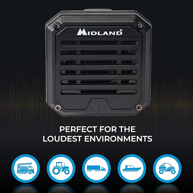 Midland- SPK200 Heavy-Duty 20W Amplified External Speaker - AI Noise Cancellation 180 Degrees Swivel Base for CB and MXT Radios 8-OHM Sound System 3.5mm Audio Plug - Waterproof Design