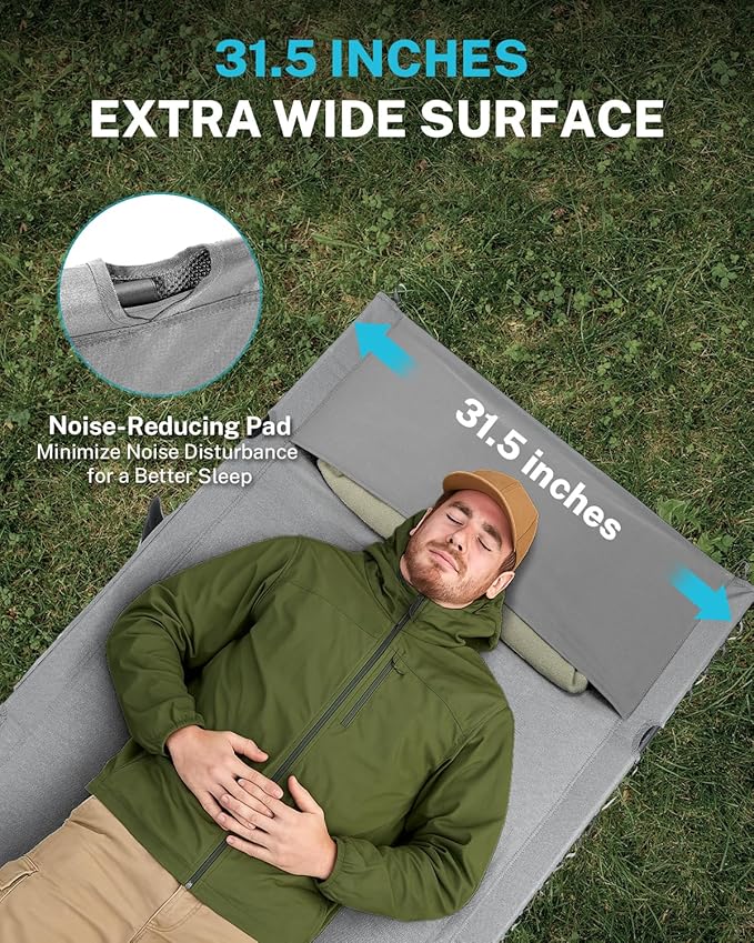 Gonex 31.5" Extra Wide Camping Cot with Premium Pillow Pocket Supports 350lbs, Portable Ultralight Folding Cot Bed for Adults Travel, Beach, Home, Sleeping (Grey)