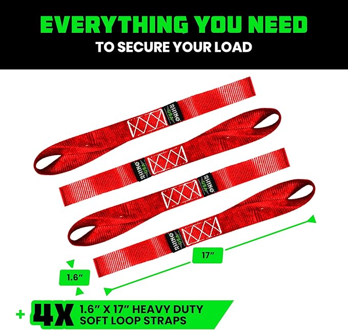 Rhino USA Soft Loop Tie Down Straps (4-Pack) - 1.6 Inch x 17 Inch (5,000 lbs Break Strength) Heavy Duty Motorcycle Handlebar Straps for use with Ratchets for ATV, UTV, Dirt Bike (Red)