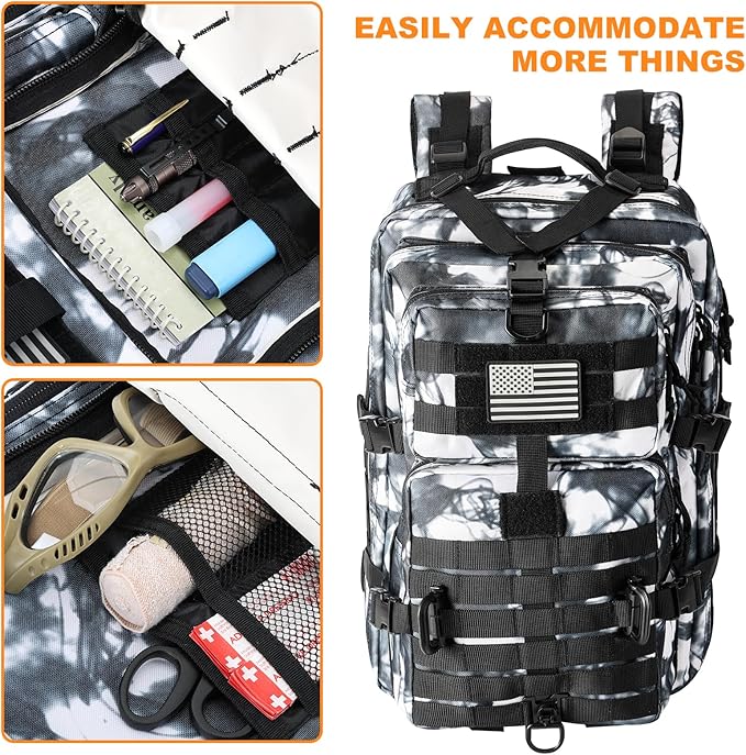 MOLLE Assault Backpack, Tactical Backpack Military Army Camping Rucksack, 3-Day Pack Trip w/USA Flag Patch, D-Rings, Black White camo