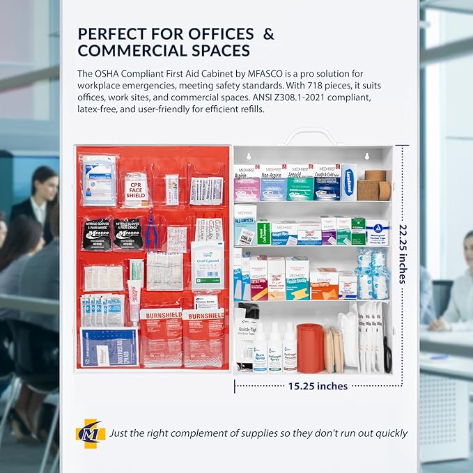 MFASCO Workplace Metal First Aid Kit - 4 Shelf Wall Mount Cabinet with Medications - Large Metal First Aid Box for Office with Supplies - Commercial Grade for Businesses - Emergency Preparedness