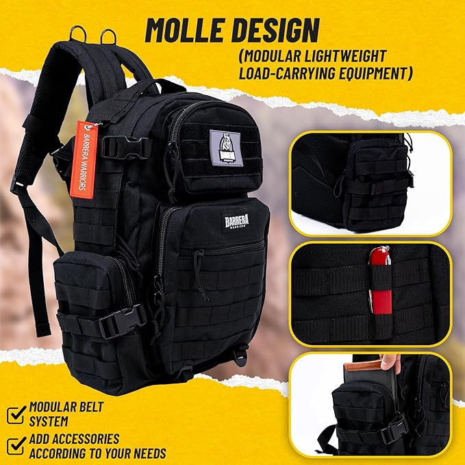 25 L Tactical Backpack: durable military-style backpack with MOLLE system for everyday use, travel, gym, hiking, fishing, camping, and outdoor sports. (BLACK 25L)