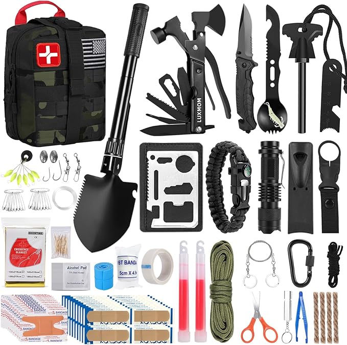 LUXMOM Gifts for Men Dad Christmas, Survival Kit and First Aid Kit, 142 Pcs Survival Gear and Equipment with Molle Pouch, Camping Essentials for Men Outdoor Adventure