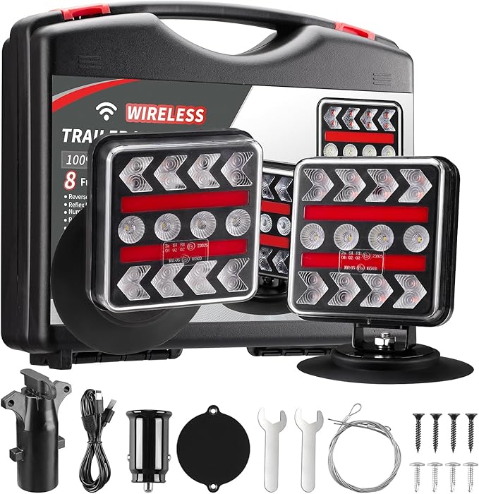 USB-C Wireless Trailer Lights Kit with Reverse, IP67 Waterproof Magnetic LED Tow Light for Towing, Tail, Brake, Turn Signal for Car, Boat, Camper, RV (B-Type)
