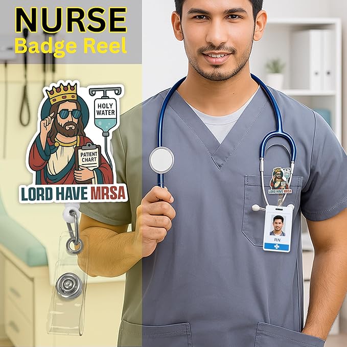 Funny Nurse Badge Reel, Lord Have MRSA Retractable ID Holder with Alligator Clip, Humorous Design for Nursing Student, Doctor, Medical Assistant & Office Staff