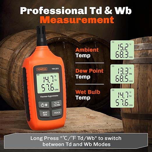 YW-201 Temperature and Humidity Meter, Digital Thermometer Hygrometer with Ambient, Dew Point, Wet Bulb for Indoor/Outdoor, Min/Max Hold, LCD Backlight