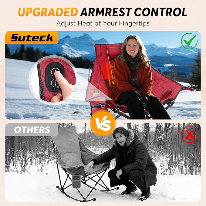 Suteck Heated Rocking Camping Chair - Oversized Heated Camping Chair W/20000mAh Power Bank & Carry Bag, Fully Padded Heated Chairs for Outdoor Sports W/3 Heat Levels for Back & Seat, Lawn Picnic Patio