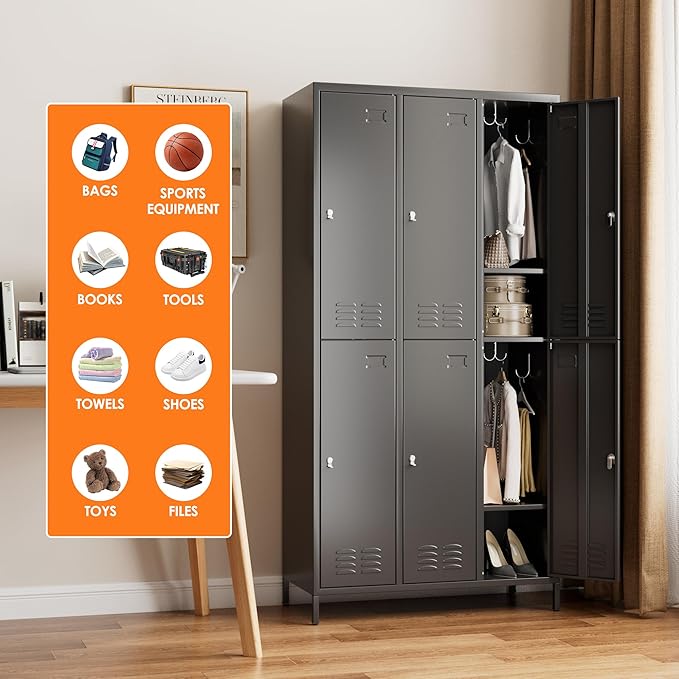 METAN Metal Locker for School Office Gym Bedroom,6 Doors Steel Storage Lockers Cabinet for Employees,Industrial Storage with 1 Shelf,Assembly Required,Black