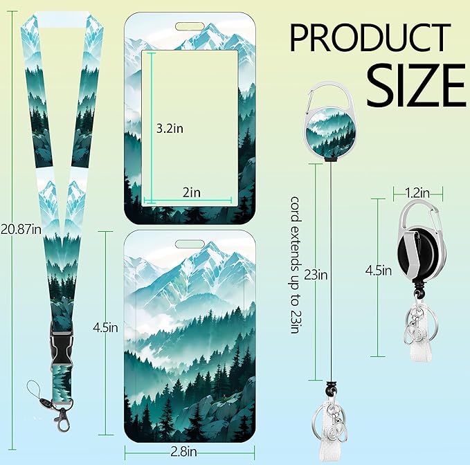 Mountain ID Lanyard Badge Holder Retractable Badge Reel Clip Cool Keychain Lanyard ID Holder for Women Men Teachers Doctors for Keys Heavy Duty ID Badges Name Tag Tree Reel Lanyard Key Card Holder