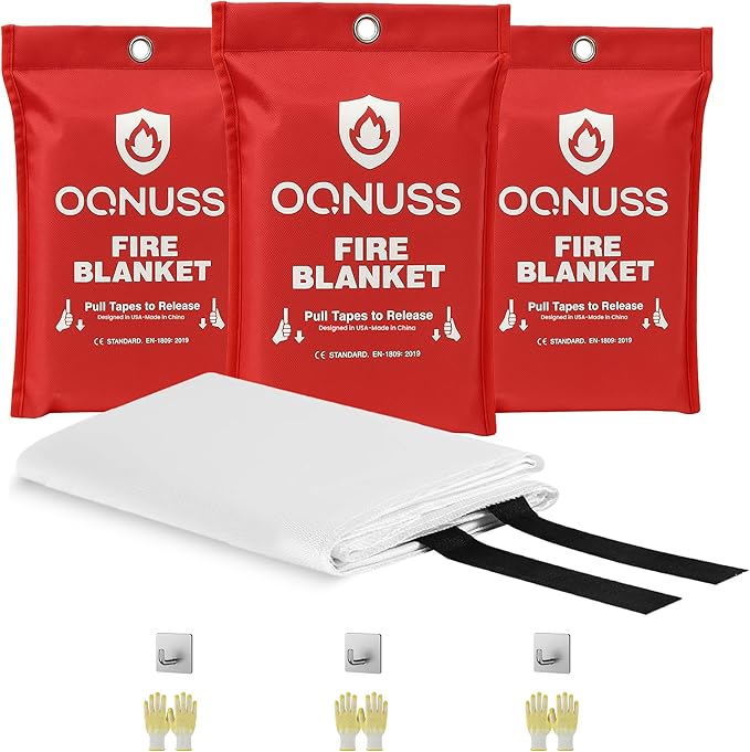 Emergency Fire Blanket 40x40 Inch - 3 Pack Fiberglass Fireblanket with Hook & Gloves | Fire Safety Blanket for Kitchen, Home, Garage, Camping