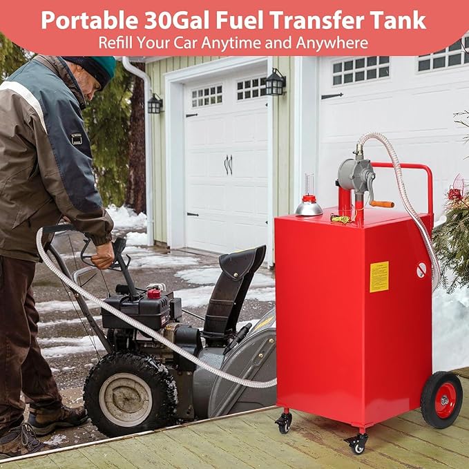 Upgraded 30 Gallon Fuel Caddy, Manual Hand Pump & Easy-Roll Wheels, Heavy-Duty UV-Resistant Steel Tank for Gas & Diesel, Portable Fuel Storage for Tractors, Mowers, Boats