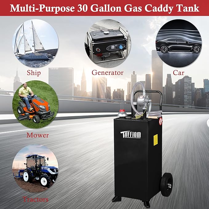 TUFFIOM 30 Gallon Fuel Gas Caddy w/Wheels & Manual Siphon Pump, Portable Diesel Fuel Transfer Storage Tank w/8.9ft Hose, Gasoline Can Container for ATV Car Mowers Tractor Boat Motorcycle