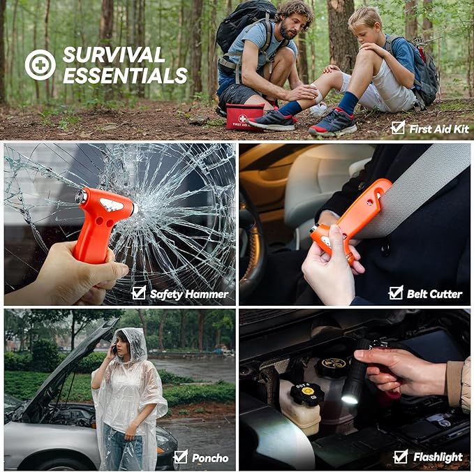 Car Emergency Kit with Jumper Cable, First Aid Kit, Winter Travel Assistance with Detachable Snow Shovel, Safety Emergency Kit for Cars, Trucks
